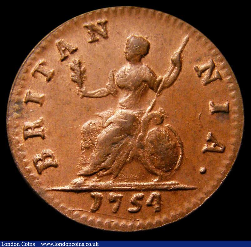 London Coins : A175 : Lot 1499 : Farthing 1754 Peck 892 Toned UNC with traces of lustre, in an LCGS holder and graded LCGS 78