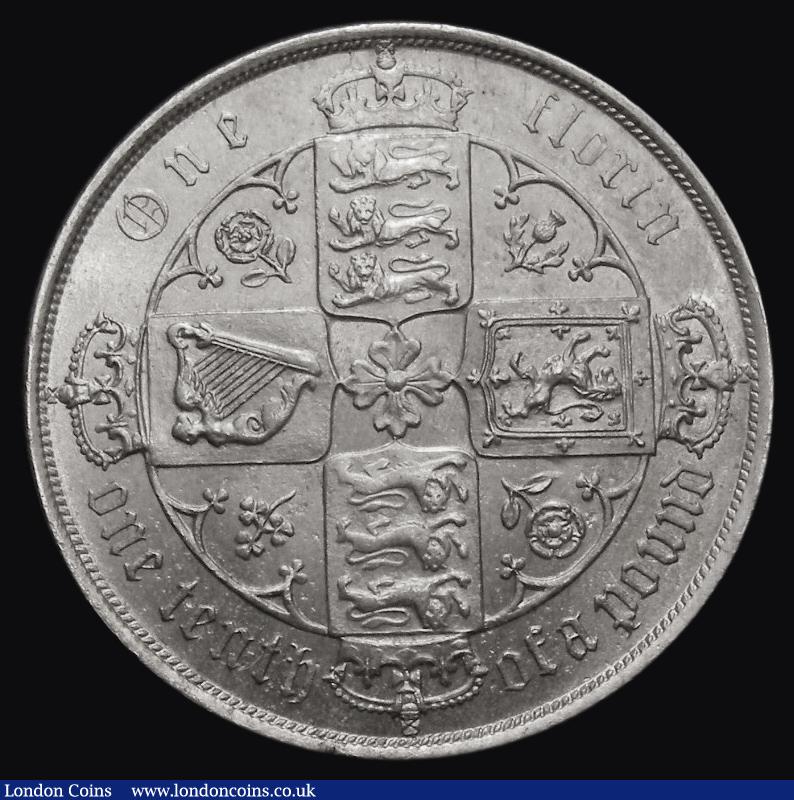 London Coins : A175 : Lot 1586 : Florin 1885 Small trefoils on long arcs ESC 861, Bull 2909 A/UNC and lustrous with some light contac...