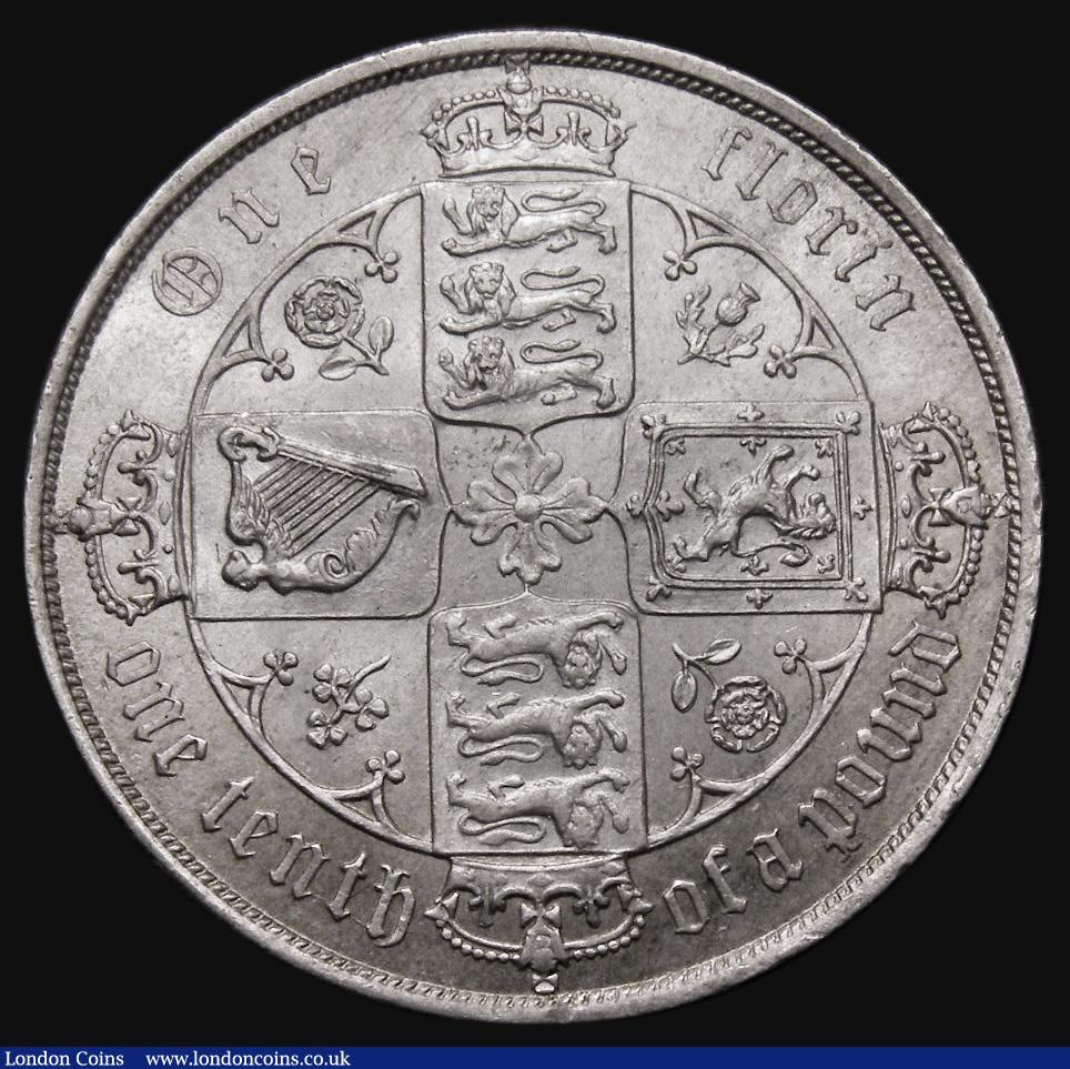 London Coins : A175 : Lot 1587 : Florin 1885 Small trefoils on long arcs ESC 861, Bull 2909 UNC and with a subtle and attractive tone...