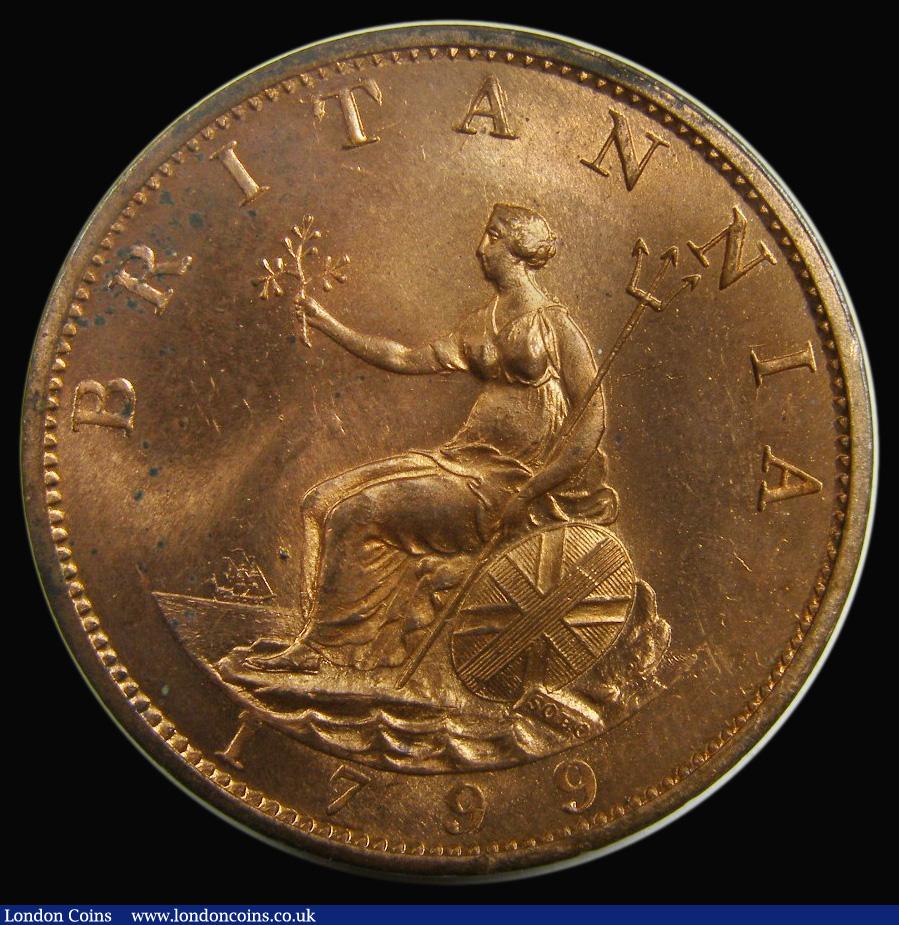London Coins : A175 : Lot 2028 : Halfpenny 1799 6 Raised Gunports, Peck 1249, UNC with practically full mint lustre, an eye-catching ...