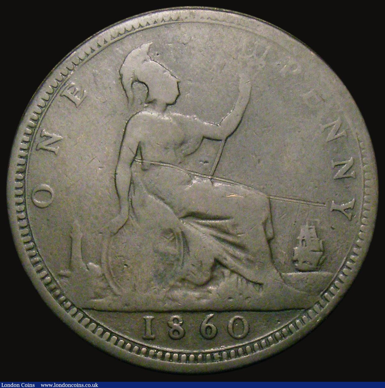 London Coins : A175 : Lot 2186 : Penny 1860 Toothed Border dies 2+D, with double thin crossbar to the A of VICTORIA, LCGS Variety 41,...