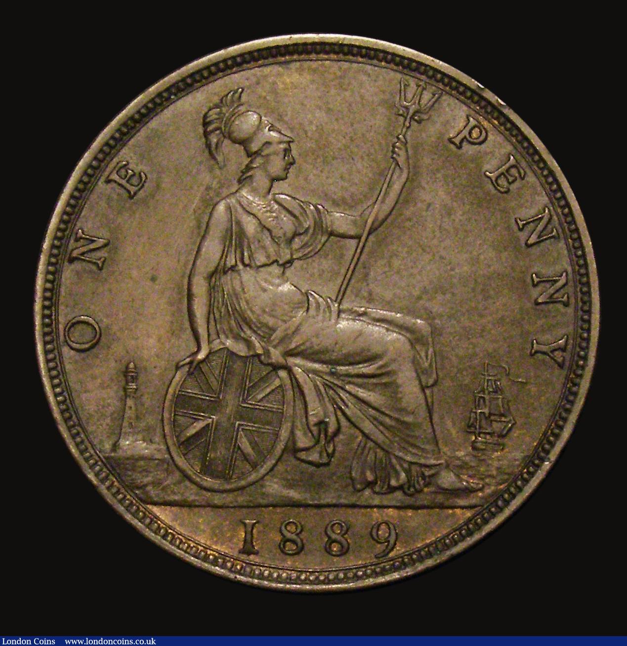 London Coins : A175 : Lot 2270 : Penny 1889 as Freeman 128 dies 13+N, 14 Leaves in wreath, with 15 teeth date spacing, VF/GVF, in an ...