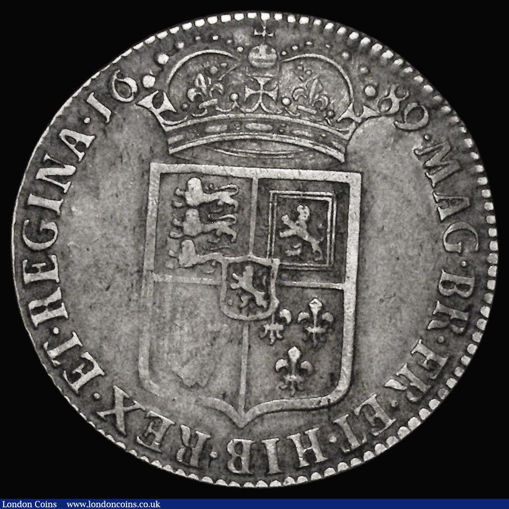 London Coins : A175 : Lot 2557 : Halfcrown 1689 First Shield, Caul only frosted, with pearls, ESC 505, Bull 831 Fine