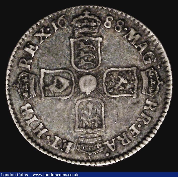 London Coins : A175 : Lot 2802 : Sixpence 1688 Later Shields altered from Early Shields, stated by Bull to be B over R in BR, appears...