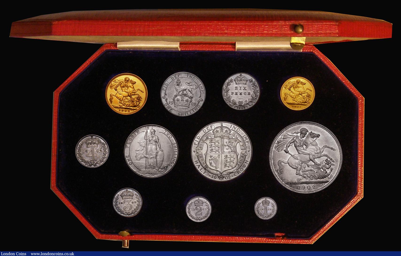 London Coins : A175 : Lot 402 : Proof Set 1902 (11 coins) the short Matt Proof issue Sovereign to Maundy Penny, the Sixpence with a ...