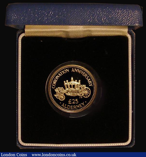 London Coins : A175 : Lot 627 : Alderney &pound;25 Gold 1993 Coronation 40th Anniversary, Reverse: Royal Carriage, KM#6 Gold Proof F...