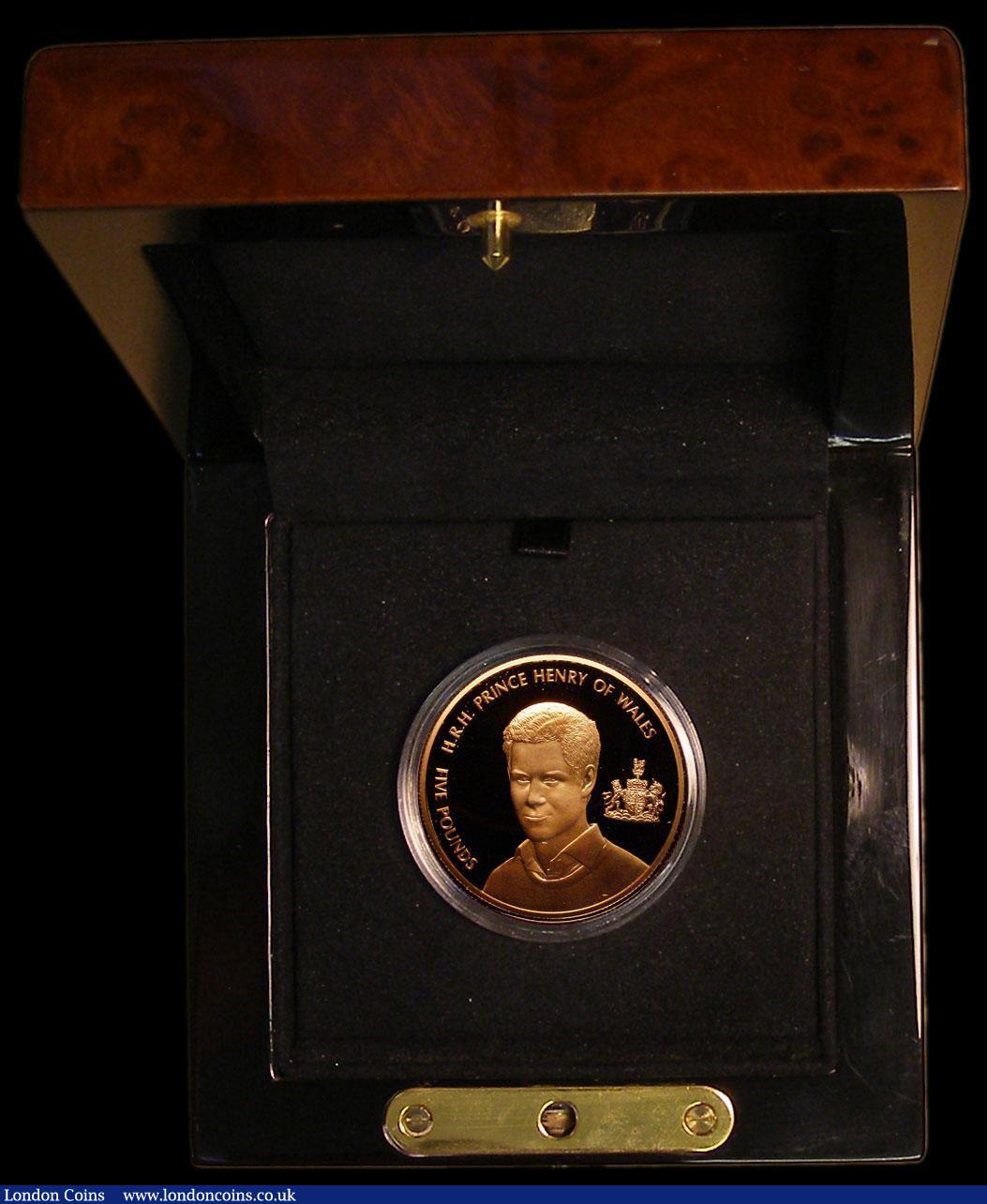 London Coins : A175 : Lot 632 : Alderney Five Pounds 2005 Prince Henry of Wales 21st Birthday Gold Proof FDC in the Royal Mint box o...