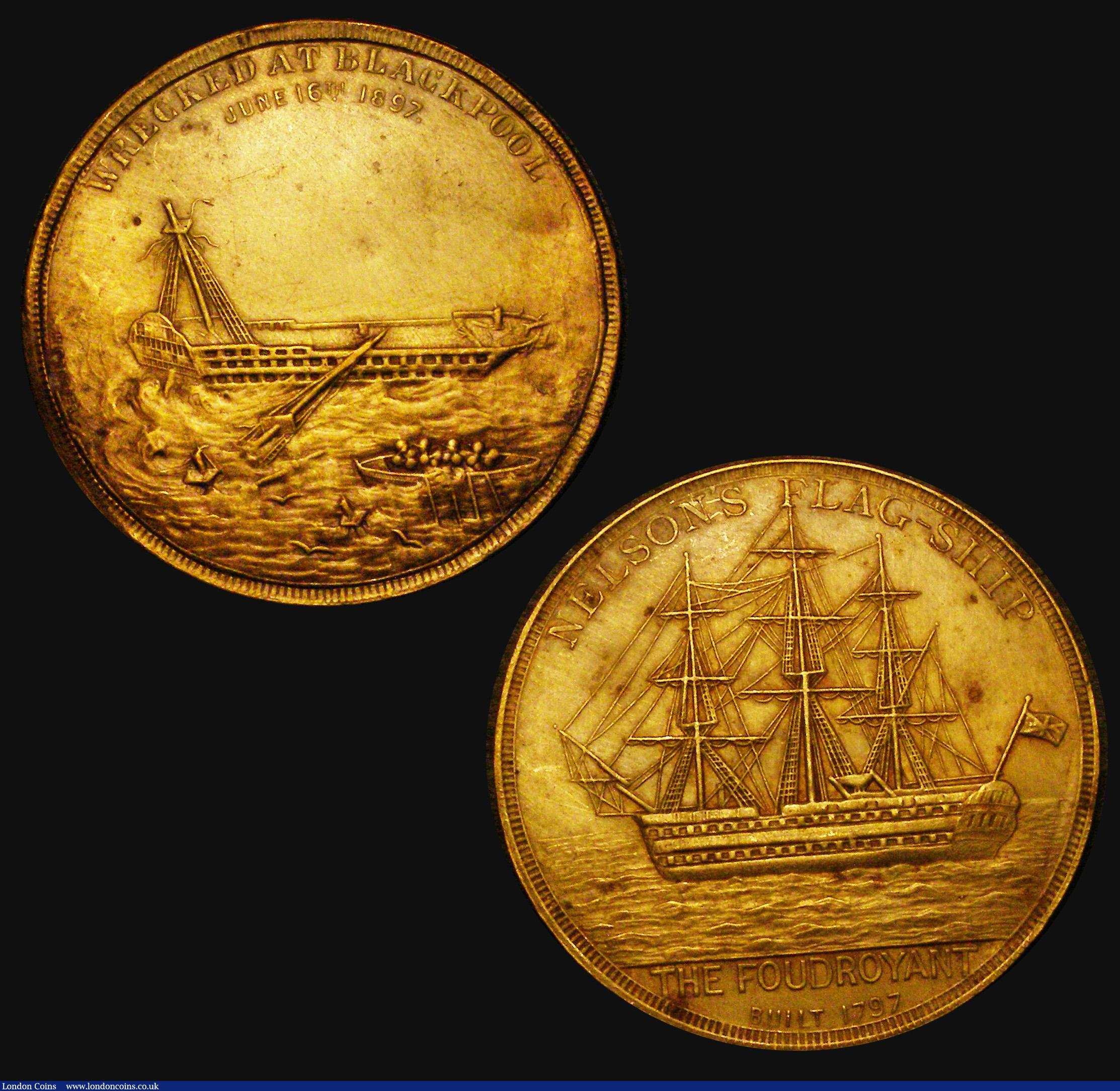 London Coins : A175 : Lot 843 : Lord Nelson's Flagship, the Foudroyant, 1897 (2) the first 38mm diameter in gilt, unsigned, Eim...