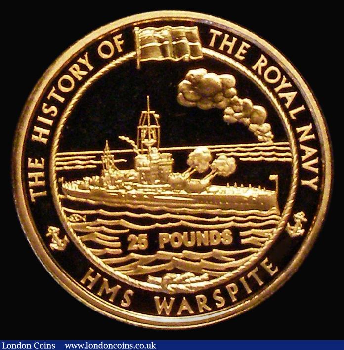 London Coins : A175 : Lot 944 : Alderney &pound;25 Gold 2005 History of the Royal Navy - HMS Warspite, KM#117 Gold Proof, a hint of ...