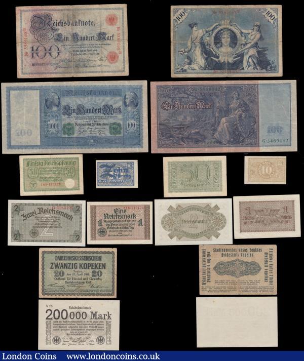 Germany (14) in various mixed grades mostly in the Fine/VF to about UNC - UNC and consisting of various issues and issuers mostly early 1900's and including both World War period examples. Also includes a high denomination Notgeld example from Buer (Westfalen) Stadt 5 Billion Mark Keller 659g.4 dated 23rd October 1923 . A selection of German Occupied territories issues with examples from World War I Occupation of Lithuania produced by Darlehnskasse in Posen (Poznan, Poland and part of the Polish-Lithuanian Commonwealth) dated 17th April 1916 (2) consisting of 20 Kopeken Pick R120 and the 1 Rubel Pick R122c variety with last words of text at lower right reverse "ASTONI GADEEM" in clear print.  Also, World War II period examples issued by the Reichskreditkassen issued between 1939-45 (2) including the 50 Pfennig Pick R135. The 1 Reichsmark Pick R136a variety with embossed stamp series 315 number 215174. And the 2 Reichsmark Pick R137a 7 digit serial number G 5183107.Together with a selection of the Reichsbank Reich banknote various issues and denominations circa 1903 - 23 (7)   : World Banknotes : Auction 175 : Lot 104