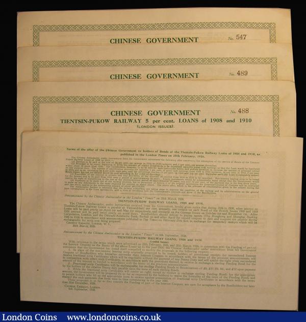 China, Chinese Government, Tientsin-Pukow Railway 1908 and 1910 (London Issues) 5% Loan 1938 Fractional Scrip certificates for one-third of a funding bond, £6-0-0 Hong Kong and Shanghai Banking Corporation, the reverses with details of the announcements in 'The Times' by the Chinese ambassador  on February 25th 1936, March 30th 1936, and September 6th 1938, green (10) NVF to VF two with ink marks, includes some consecutive issues : Bonds and Shares : Auction 175 : Lot 11