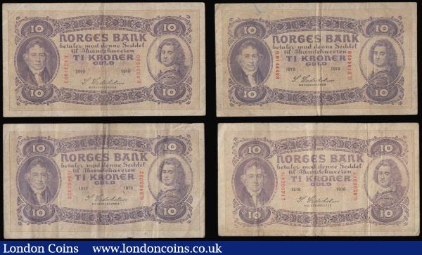 Norway 10 Kroner Pick 8 (4) 1918 (1) 1919 (3) VG - Fine : World Banknotes : Auction 175 : Lot 124