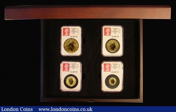 Britannia Gold - The Brexit Gold Britannia Date stamp Set a 4-coin set comprising One Hundred Pounds 2020 One Ounce, Fifty Pounds 2020 Half Ounce, Twenty-Five Pounds 2020 Quarter Ounce and Ten Pounds 2020 One Tenth Ounce, each in Date stamp holders with a First Class stamp and dated 31 Jan '20, all Lustrous UNC in the box of issue with certificate stating only 50 sets assembled  : English Cased : Auction 175 : Lot 168