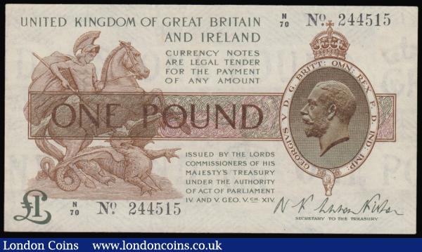 One Pound Warren Fisher T24 issued 1919 series N/70 244515 GVF looks better, once pressed : English Banknotes : Auction 175 : Lot 18