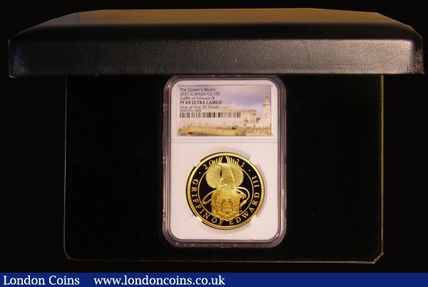 One Hundred Pounds 2021 Queen's Beasts - The Griffin of Edward III One Ounce Gold Proof in an NGC holder 'One of the First 35 struck' and graded PF69 Ultra Cameo, come in a black presentation box with certificate and booklet : English Cased : Auction 175 : Lot 376