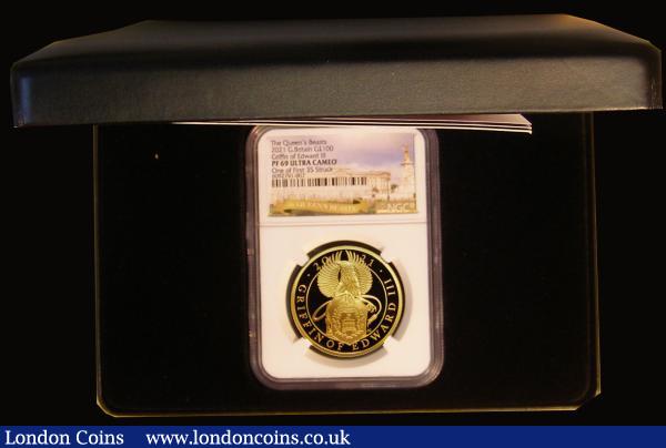 One Hundred Pounds 2021 Queen's Beasts - The Griffin of Edward III One Ounce Gold Proof in an NGC holder 'One of the First 35 struck' and graded PF69 Ultra Cameo, come in a black presentation box with certificate and booklet : English Cased : Auction 175 : Lot 377