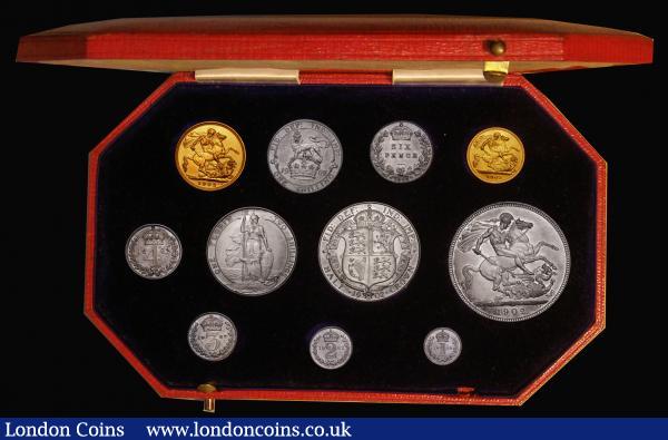Proof Set 1902 (11 coins) the short Matt Proof issue Sovereign to Maundy Penny, the Sixpence with a faint scratch on the bust, the silver with a matching tone, FDC or very near so, in the original red case of issue this in good condition : English Cased : Auction 175 : Lot 402