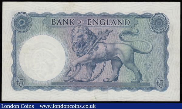 Five Pounds O'Brien B277 issued 1957 Helmeted Britannia very first run A01 508331 pressed GVF-EF (Ex LCA 134 Lot 335, Sept 2011 realised £95) : English Banknotes : Auction 175 : Lot 42
