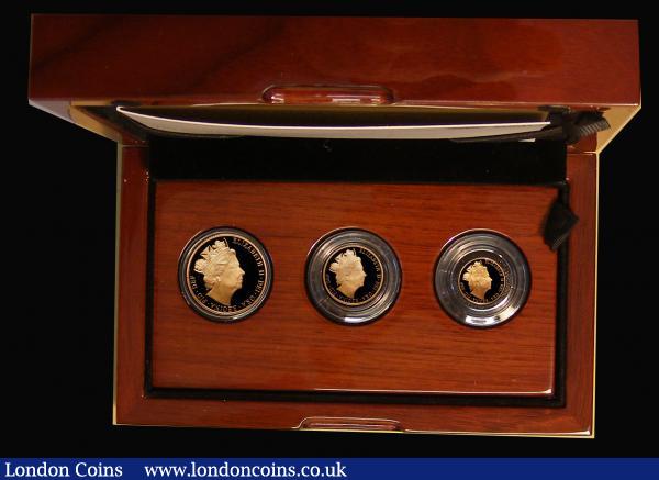 The 2016 United Kingdom Gold Proof Three Coin Sovereign Collection, Sovereign, Half Sovereign and Quarter Sovereign, James Butler portrait, the only year this portrait was used, S.PGS80 FDC in the box of issue with certificate, our archive database shows that this is the first set in this configuration we have offered : English Cased : Auction 175 : Lot 557