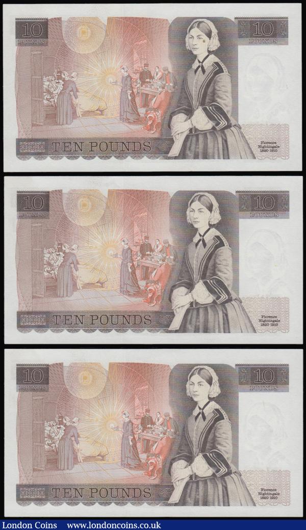 Ten Pounds Page 1975 Florence Nightingale B330 (3) consecutives D44 prefix Unc or near so : English Banknotes : Auction 175 : Lot 57