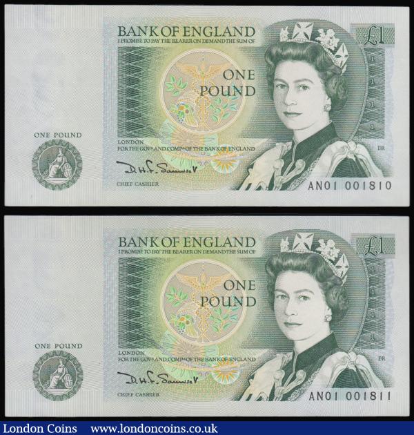 One Pound Somerset B341 issued 1981 very first run (2) consecutives AN01 001810 and 001811, UNC : English Banknotes : Auction 175 : Lot 60