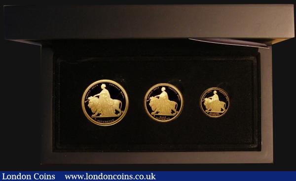 Alderney a 3-coin set 2019 200th Anniversary of the Birth of Queen Victoria each coin in .999 Gold comprising Sovereign (7.34 grammes), Half Sovereign (3.67 grammes) and Quarter Sovereign (1.83 grammes) 2019 all with the matching Una and the Lion reverse design, with the VR Privy Mark in the left of the exergue, Proof FDC in the Hattons of London box with certificate : World Cased : Auction 175 : Lot 631