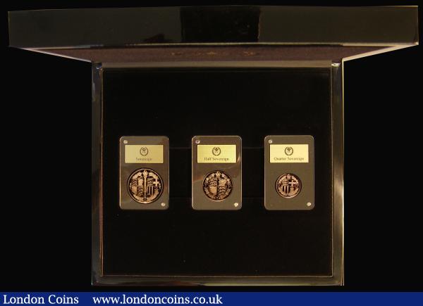 Gibraltar 2021 'Strength and Stay - Seven Decades of Devotion' a three-coin set in 22 carat gold comprising Sovereign 2021, Half Sovereign 2021 and Quarter Sovereign 2021 the three reverses are renditions of HRH Prince Philip's Coat of Arms representing his lineage as a Prince of Greece and Denmark, and his descent from the Mountbatten family. Gold Proofs FDC in the box of issue with certificate : World Cased : Auction 175 : Lot 681