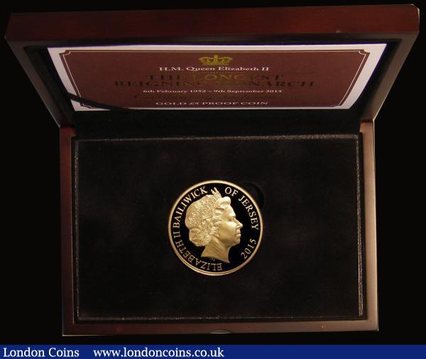 Jersey Five Pounds 2015 Queen Elizabeth II - The Longest Reigning Monarch Gold Proof, the reverse with selective Rhodium Plating FDC in the box of issue with certificate : World Cased : Auction 175 : Lot 705