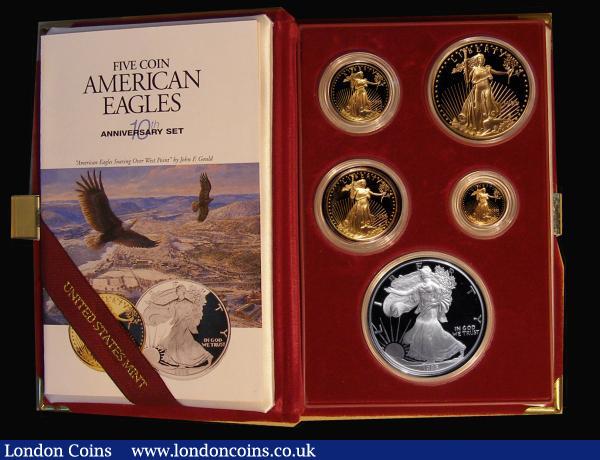 USA The American Eagle 10th Anniversary Set 1995 a 5-coin set comprising 50 Dollars 1995W Gold One Ounce, 25 Dollars 1995W Gold Half Ounce, Ten Dollars 1995W Gold Quarter Ounce, Five Dollars 1995W Gold One Tenth Ounce, and One Dollar 1995W Silver Eagle, the Silver Eagle with the West Point Mintmark only available as part of this set with only 30,125 Proofs struck, The Ten Dollars and Five Dollars with the merest hint of toning, otherwise FDC in the original Maroon case of issue with certificate : World Cased : Auction 175 : Lot 744