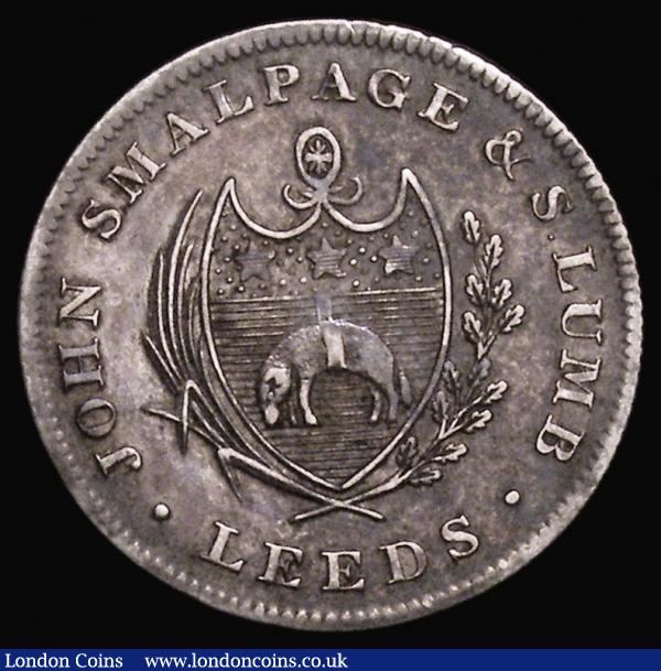 19th Century Shilling Yorkshire - Leeds 1812 John Smalpage and S.Lumb Obverse: Arms between palm and olive branches, Reverse: Female figure seated facing left, Davis 29 Good Fine, comes with old ticket : Tokens : Auction 175 : Lot 756