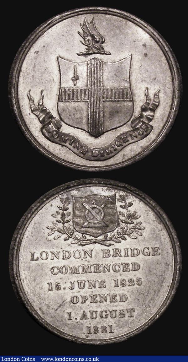 A pair of medals in white metal (2) comprising (1) London Bridge Opened 1831, 26mm diameter in white metal by B.Wyon, Eimer 1247, BHM 1545, Obverse: City of London Shield, crest and motto,  Reverse: LONDON BRIDGE COMMENCED 15. JUNE 1825 OPENED 1. AUGUST 1831, Above: Bridge of the Bridge-House Estates, Issued by the Corporation of the City of London, GVF, (2) Reform Bill 1832 50mm diameter in white metal by T. Halliday, Eimer 1256, BHM 1587, Obverse: portrait medallion of KING WILLIAM IV. KING OF GREAT BRITAIN in a central circle, around three segments detailing the text of the Reform Bill, Reverse: Justice and Mercury observe Britannia, brandishing a sword, who drives Corruption , holding a money-bag, into the sea. Above: a radiate triangle inscribed KING LORDS COMMONS. BRITANNIA SUPPORTED BY JUSTICE DRIVES CORRUPTION FROM THE CONSTITUTION. In Exergue: MDCCCXXXII, NVF   : Medals : Auction 175 : Lot 781