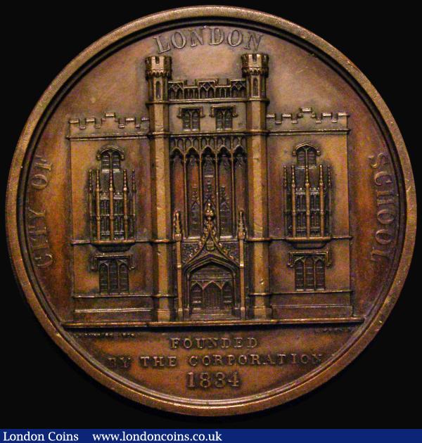 City of London School 1834 58mm diameter in bronze by B.Wyon, Eimer 1279, BHM 1680, Issued by the Corporation of London. Obverse: Façade of the school building, CITY OF LONDON SCHOOL, In Exergue: FOUNDED BY THE CORPORATION 1834 I.B.BUNNING ARCH. Reverse: Knowledge seated right, instructs a youth who leans upon a tablet, inscribed IOHN CARPENTER 1447, and decorated with the City Arms FOR THE RELIGIOUS & VIRTUOUS EDUCATION OF BOYS & THEIR INSTRUCTION IN LITERATURE & USEFUL KNOWLEDGE. EF with a few small spots : Medals : Auction 175 : Lot 796