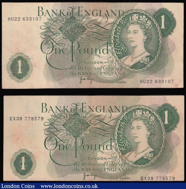 Error, One Pound Page 1970 B322 offset printing error so little or no distance from the bottom of the design to the border, the serial number EX38 778579 is virtually at the border along with another B322 printed normally for comparison the serial number of this note HU22 633107 is about 4 mm higher, both VF and a somewhat discoloured  : English Banknotes : Auction 175 : Lot 82