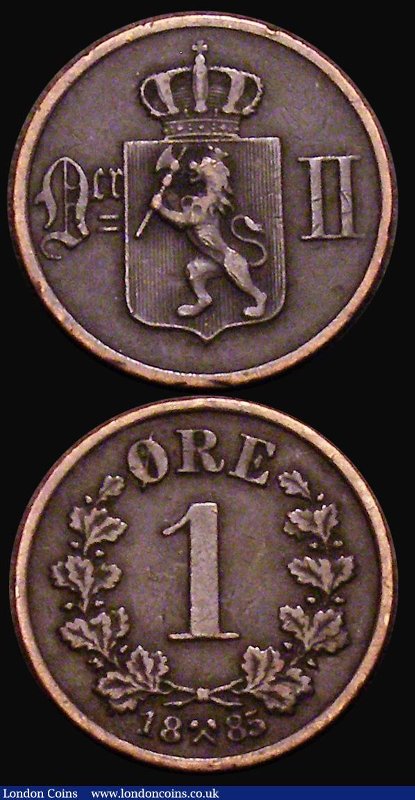London Coins : A176 : Lot 1005 : Norway (2) 50 Ore 1889 KM#356 GVF/VF with grey tone, One Ore 1885 KM#352 Good Fine, the key date in ...