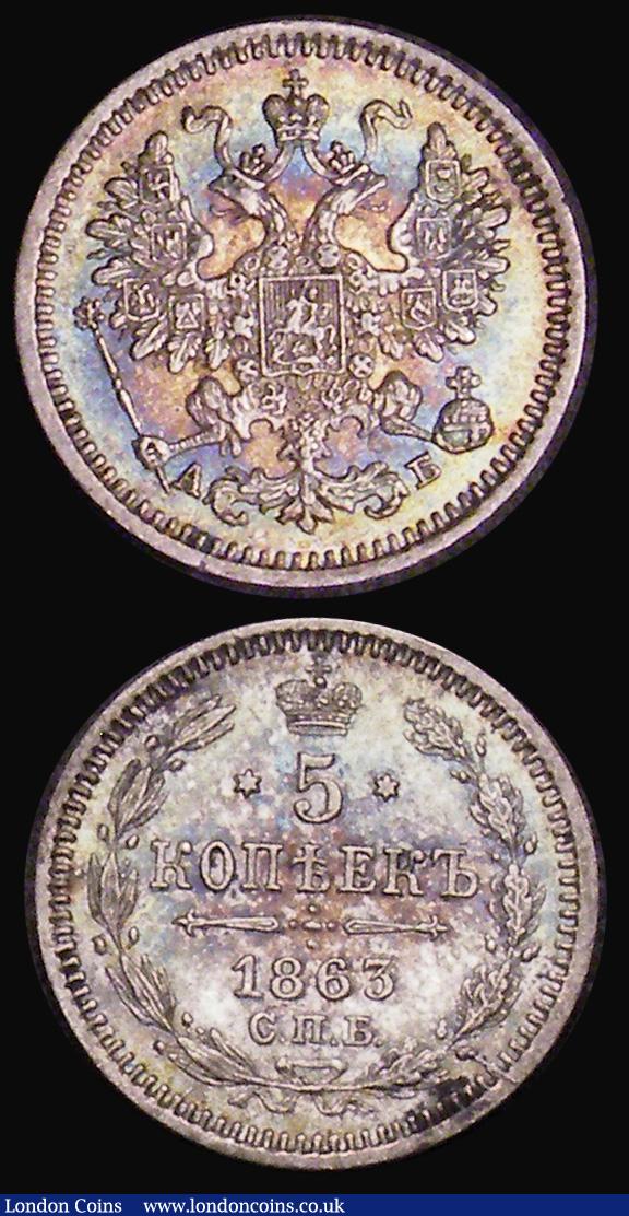 London Coins : A176 : Lot 1019 : Russia (2) Five Kopeks (2) 1856 C&Pi;Б ФБ C#163 NEF/EF toned, the reverse with a darker toning sp...