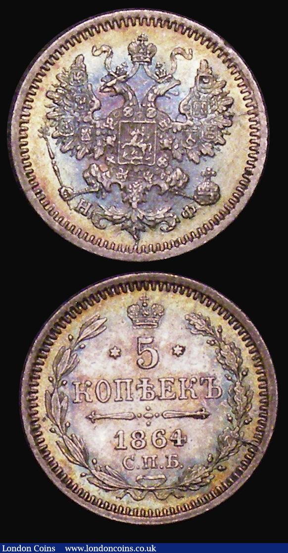 London Coins : A176 : Lot 1020 : Russia (2) Five Kopeks (2) 1864 C&Pi;Б HФ Y#19.2 GEF and colourfully toned, 1865 C&Pi;Б HФ Y#19....