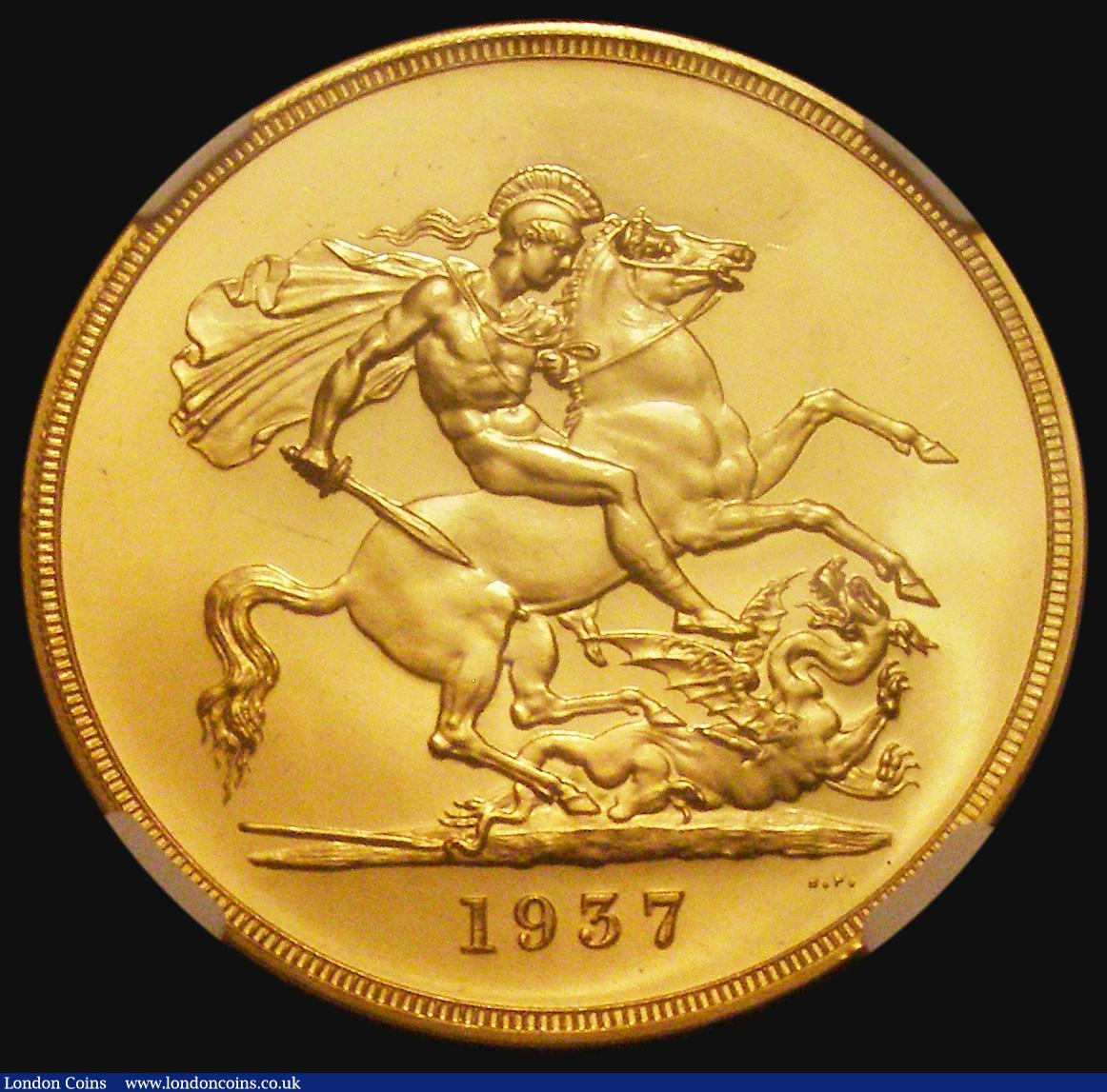 London Coins : A176 : Lot 1292 : Five Pounds 1937 Gold Proof S.4074 in an NGC holder and graded PF62 Cameo, the only George VI Gold F...