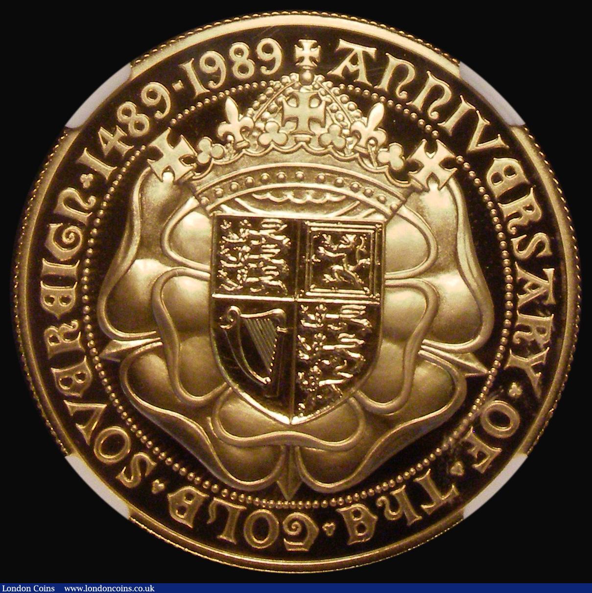 London Coins : A176 : Lot 1301 : Five Pounds Gold 1989 500th Anniversary of the First Gold Sovereign S.SE6 Gold Proof in an NGC holde...