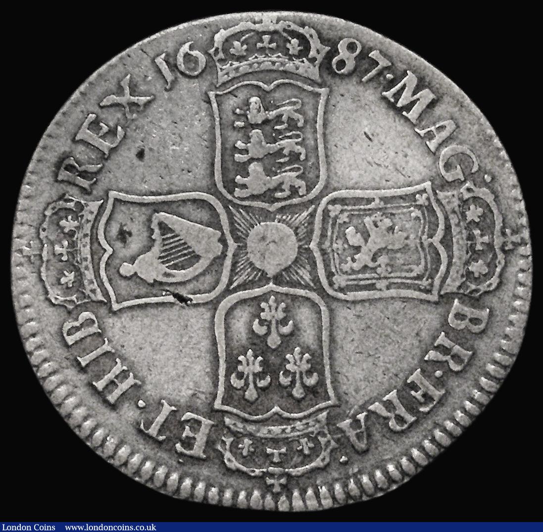 London Coins : A176 : Lot 1496 : Halfcrown 1687 ESC 498, Bull 753 Fine/About Fine