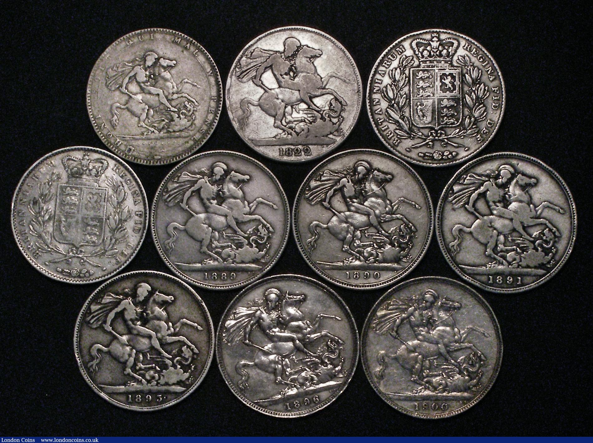 London Coins : A176 : Lot 2267 : Crowns (10) 1820 LX, 1822 TERTIO, 1844 Star Stops, 1845 Cinquefoil Stops, 1889, 1890, 1891, 1893 LVI...