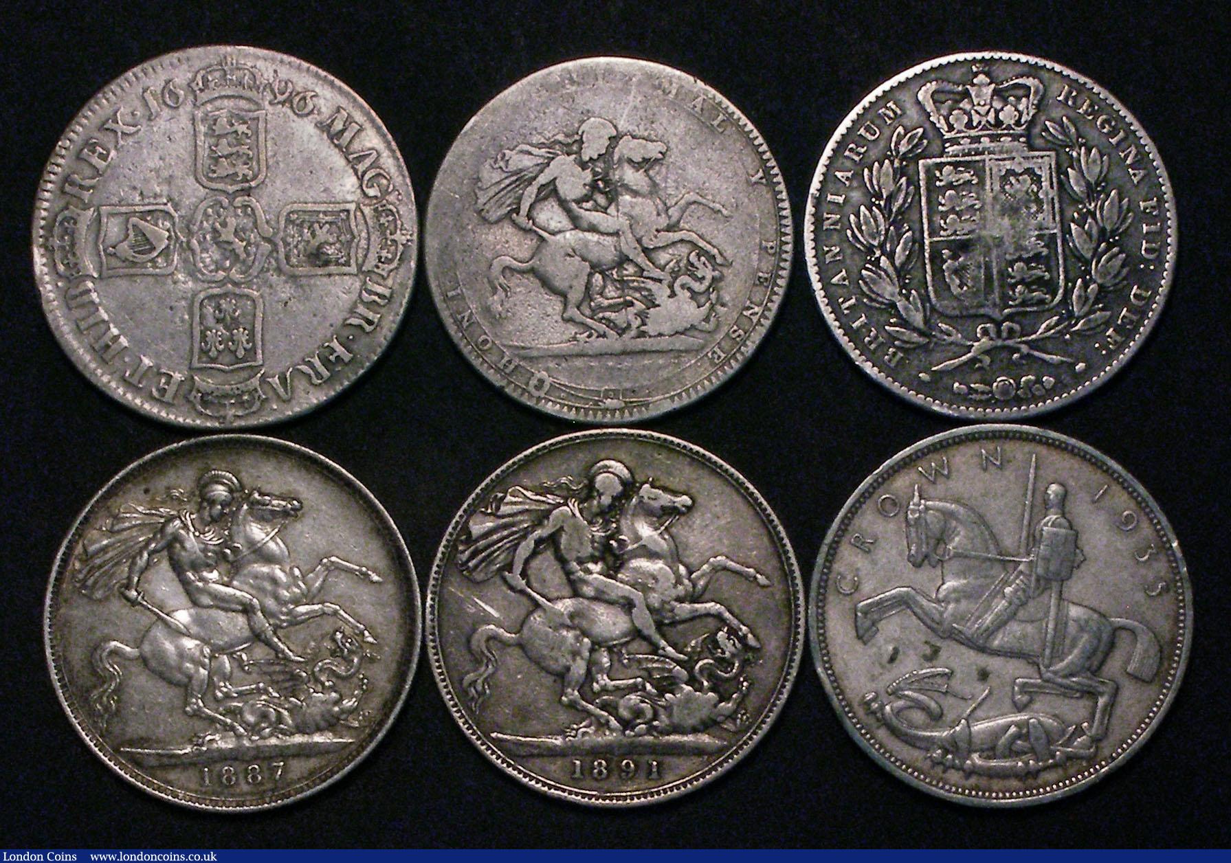 London Coins : A176 : Lot 2272 : Crowns (6) 1696 aF small edge nick, 1820 LX VG, 1847 YH Fine, 1887 nEF, 1891 Bold Fine, 1935 VF