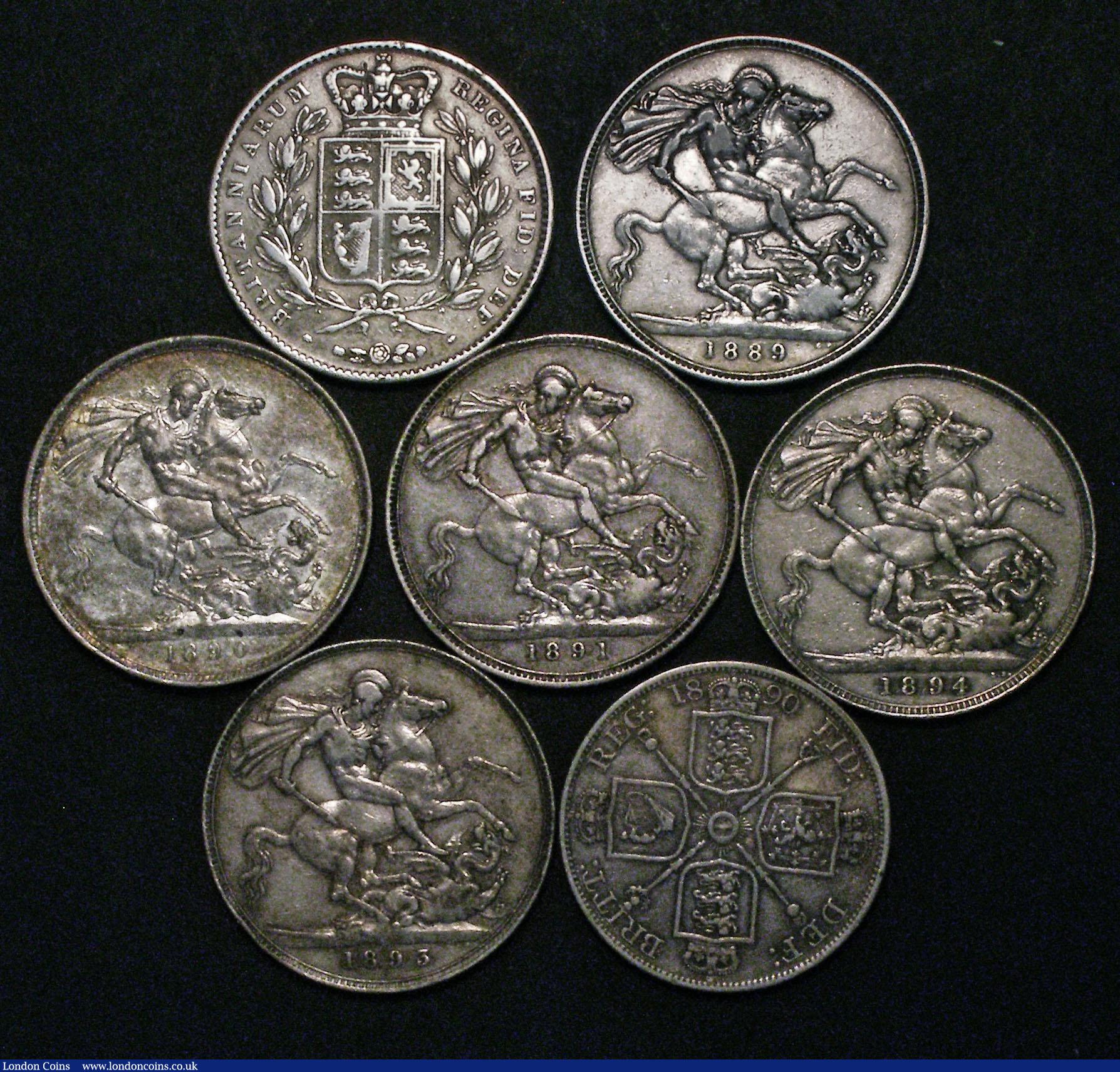 London Coins : A176 : Lot 2284 : Crowns to Double Florins (7) Crowns (6) 1845 Cinquefoil stops, Near Fine, 1889 Fine, 1890 NVF/VF ton...