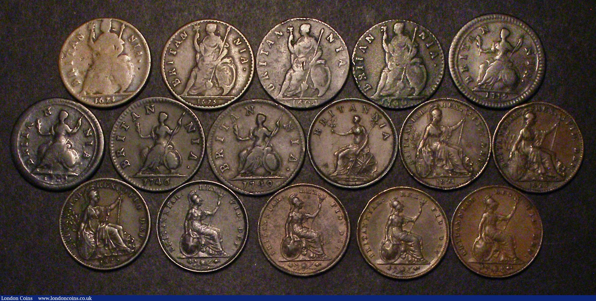 London Coins : A176 : Lot 2297 : Farthings (16) 1674 Peck 527 Fair/VG, 1675 Peck 528 Fine, 1694 Peck 616, 1700 unbarred A's in B...