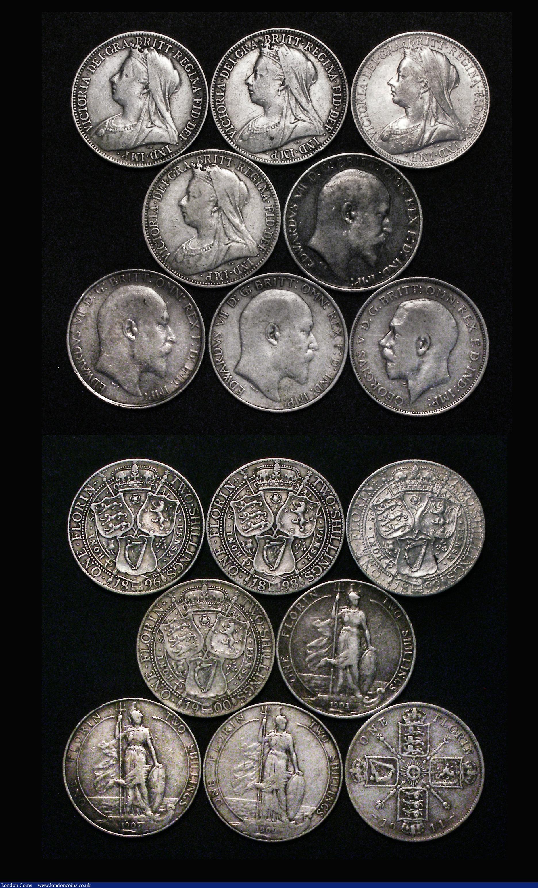 London Coins : A176 : Lot 2315 : Florins (16) 1887 Jubilee Head, 1888, 1889 Davies 814 dies 3B Rare, 1890 Scarce, 1891 Rare, 1892 Rar...