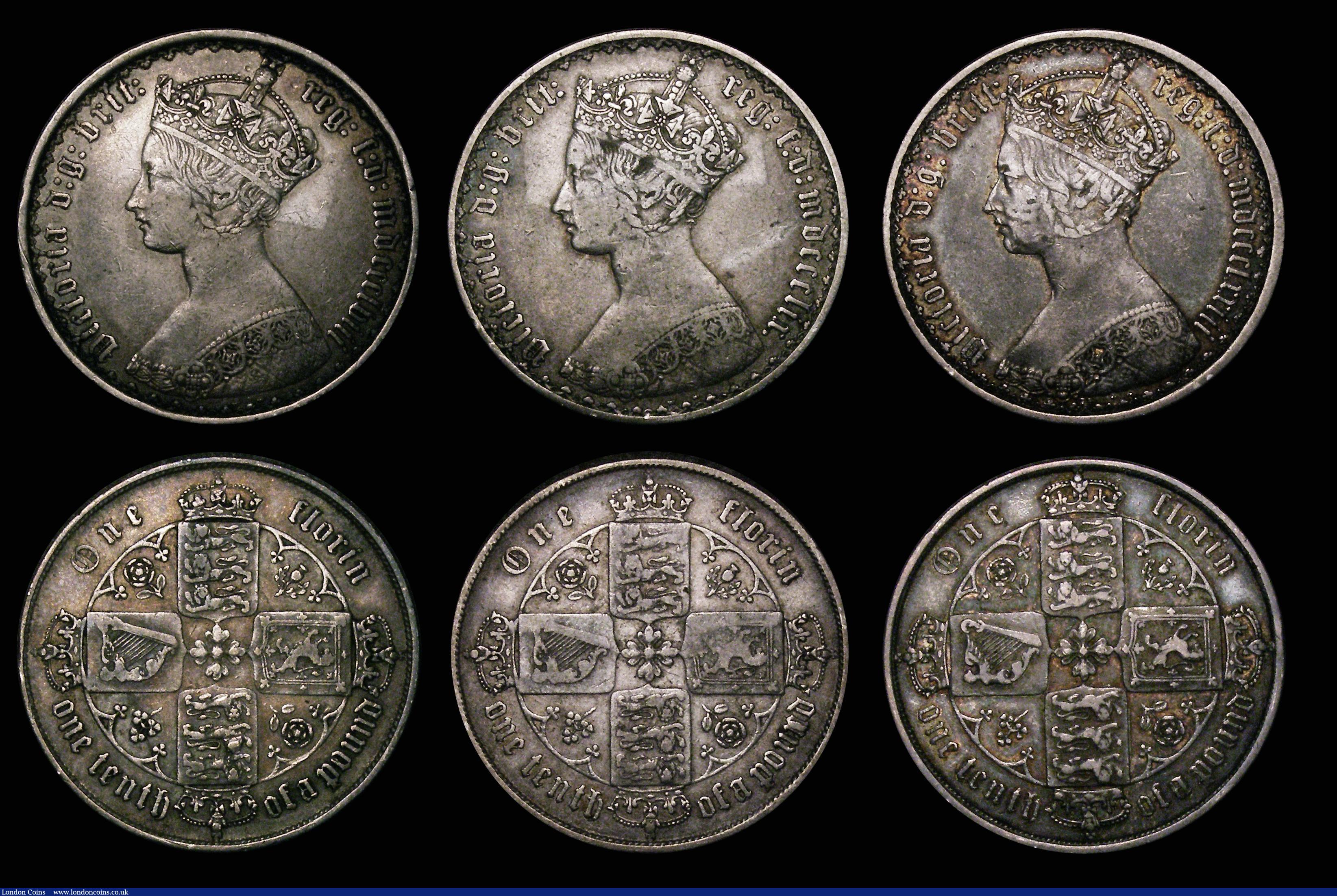 London Coins : A176 : Lot 2318 : Florins (6) 1853 No Stop after date ESC 808, Bull 2826 Fine/Good Fine the reverse with some scratche...