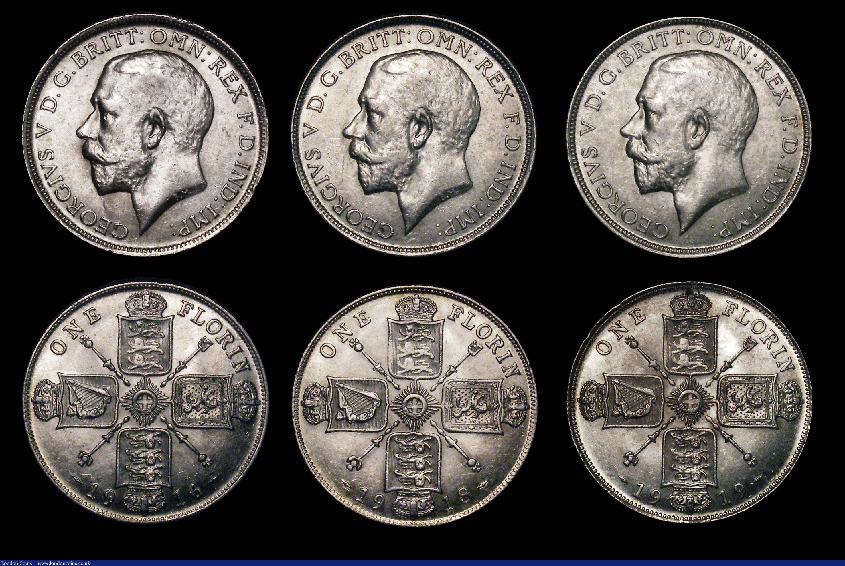 London Coins : A176 : Lot 2319 : Florins (6) 1912 ESC 931, Bull 3757 GVF/NEF and lustrous, 1913 ESC 932, Bull 3758 GVF, 1914 ESC 933,...