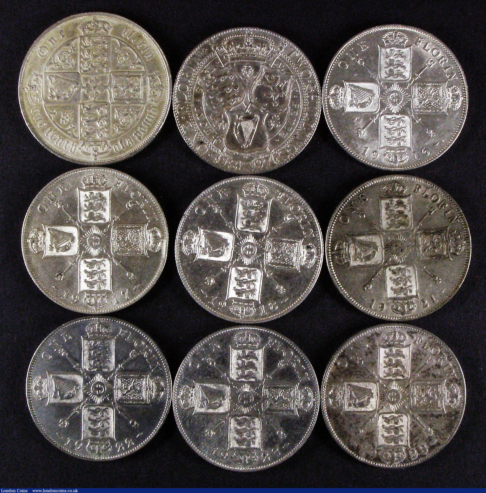 London Coins : A176 : Lot 2320 : Florins (9) 1880 7 jewels in centre of cross-patee Davies 771 dies 7B NEF, 1897 Good Fine/GVF, 1916 ...