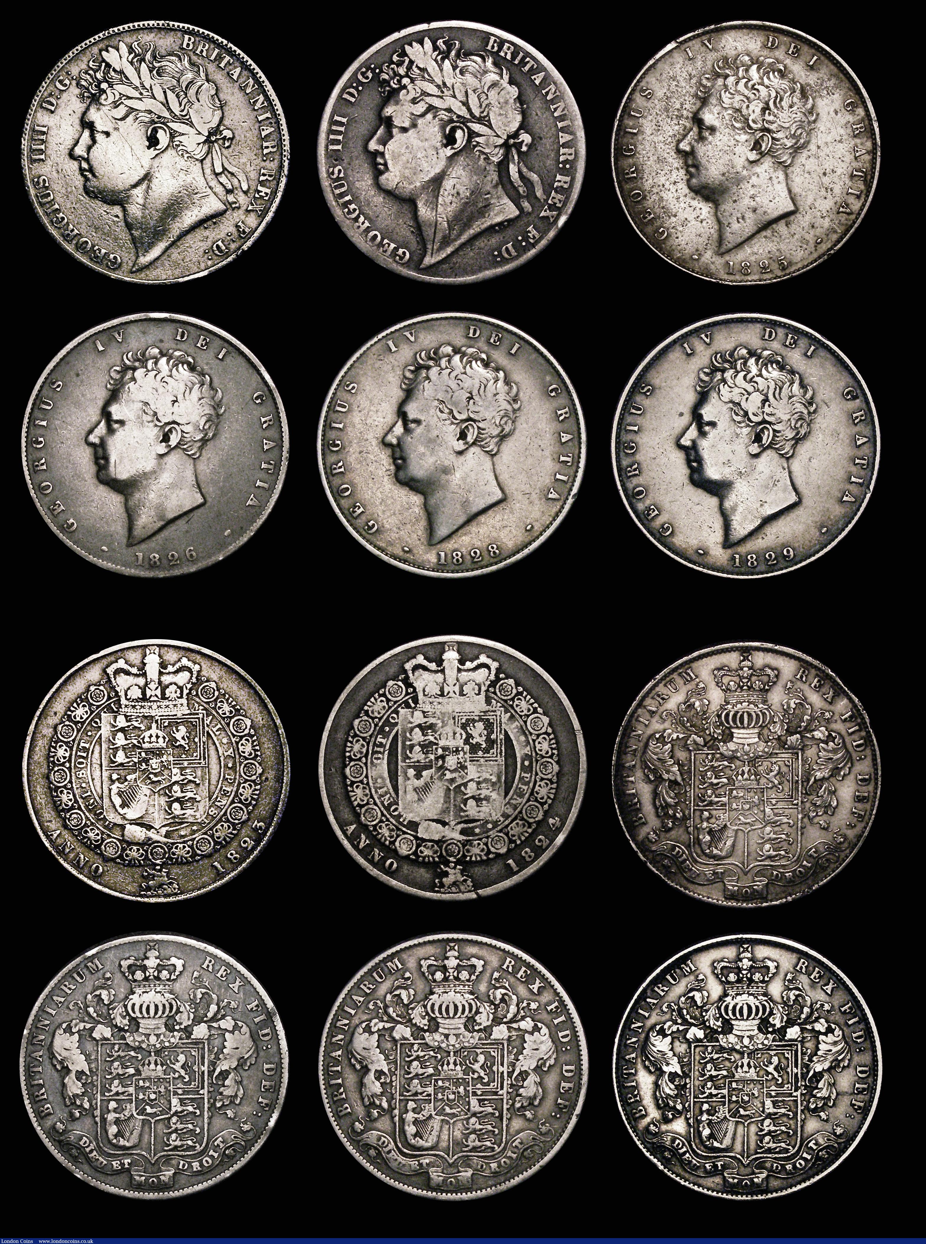 London Coins : A176 : Lot 2342 : Halfcrowns (10) 1746 LIMA, 1816, 1818, 1820 George IV, 1821, 1823, 1824, 1825, 1826, 1828 Rare (Abou...