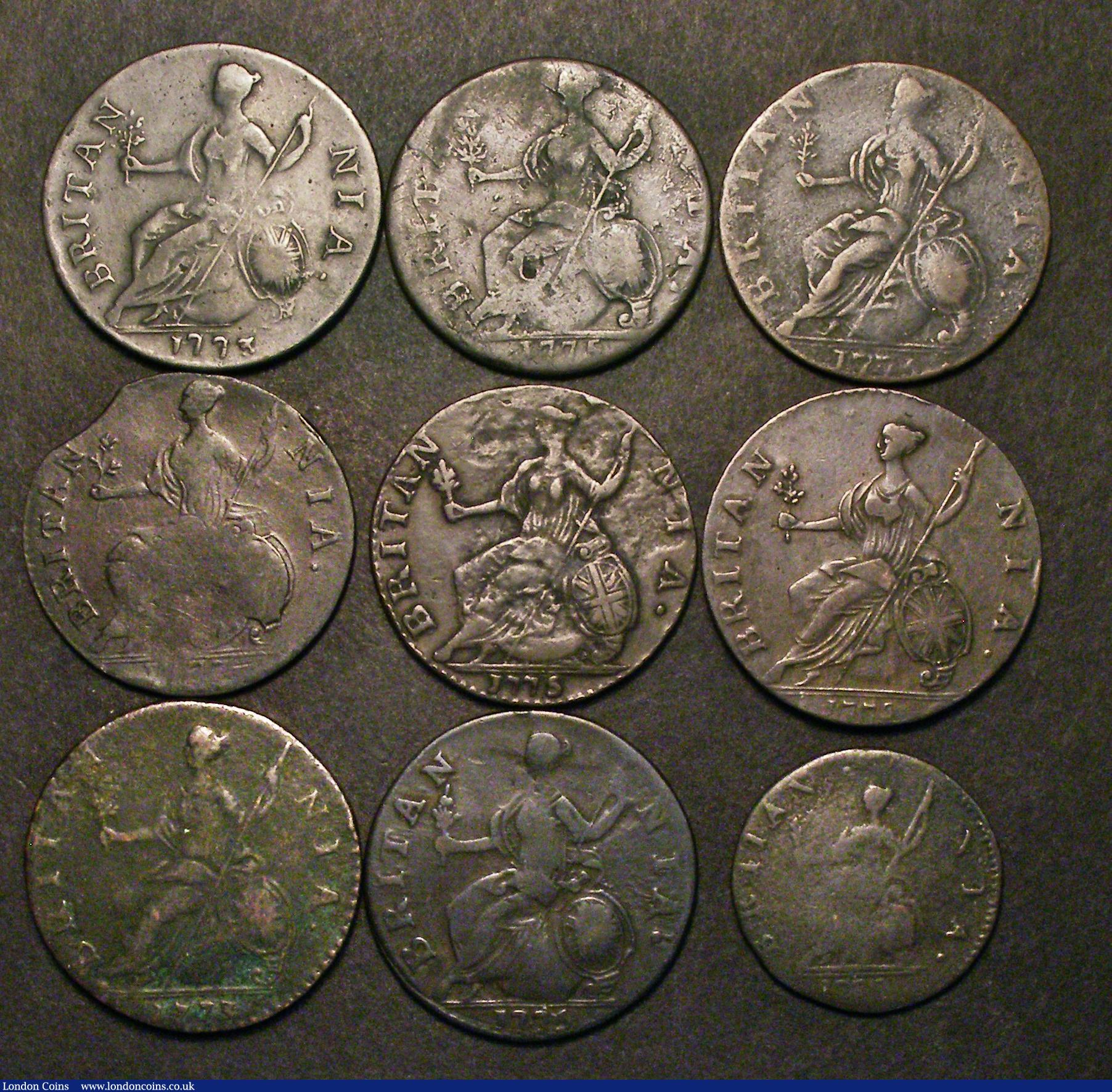 London Coins : A176 : Lot 2377 : Halfpennies George III Contemporary Counterfeits (8) and Farthing George III Contemporary Counterfei...