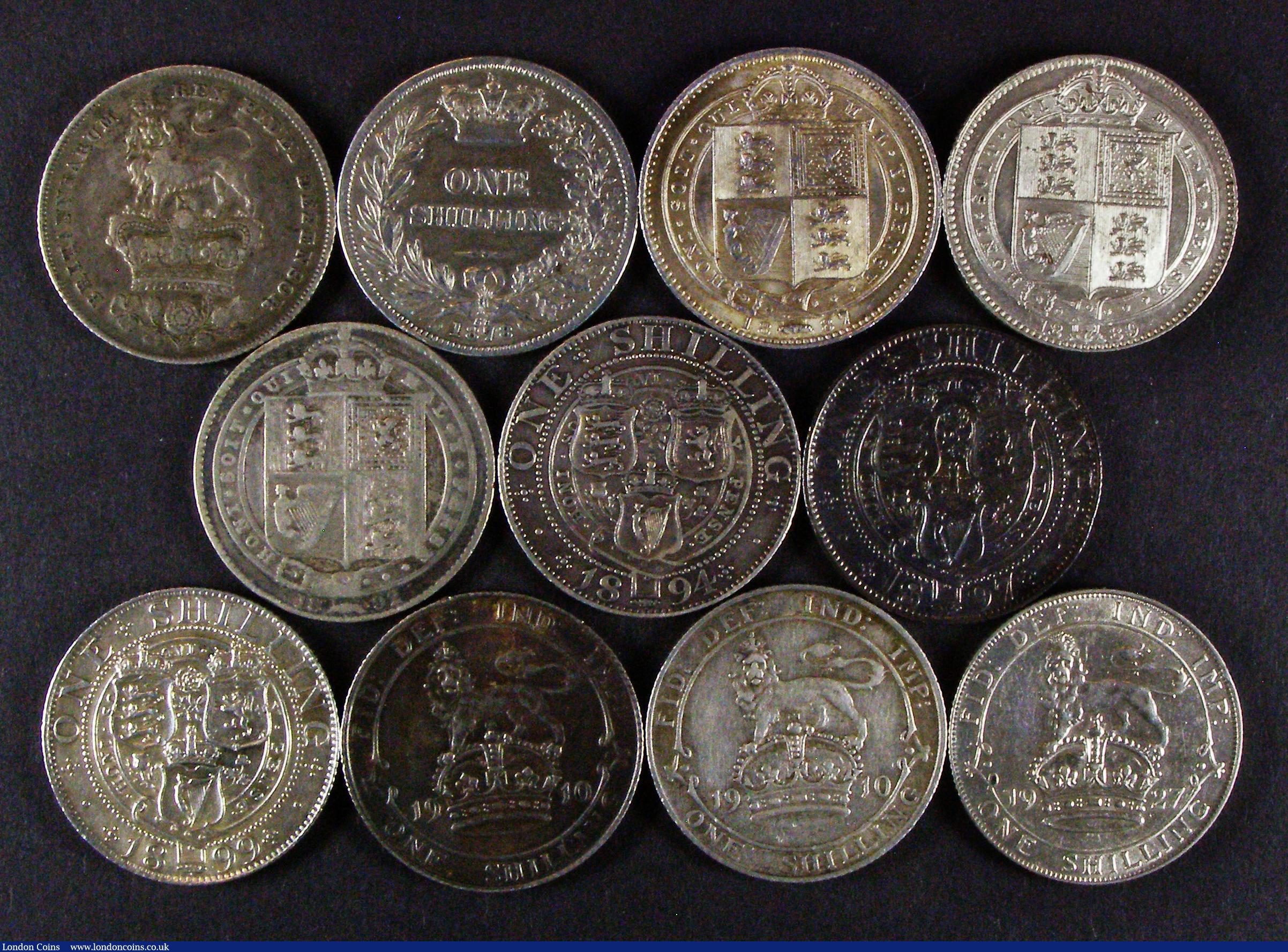 London Coins : A176 : Lot 2413 : Shillings (11) 1826 Good Fine, 1878 Die Number 52 Bright Fine, 1887 Jubilee Head VF, 1889 Large Jubi...